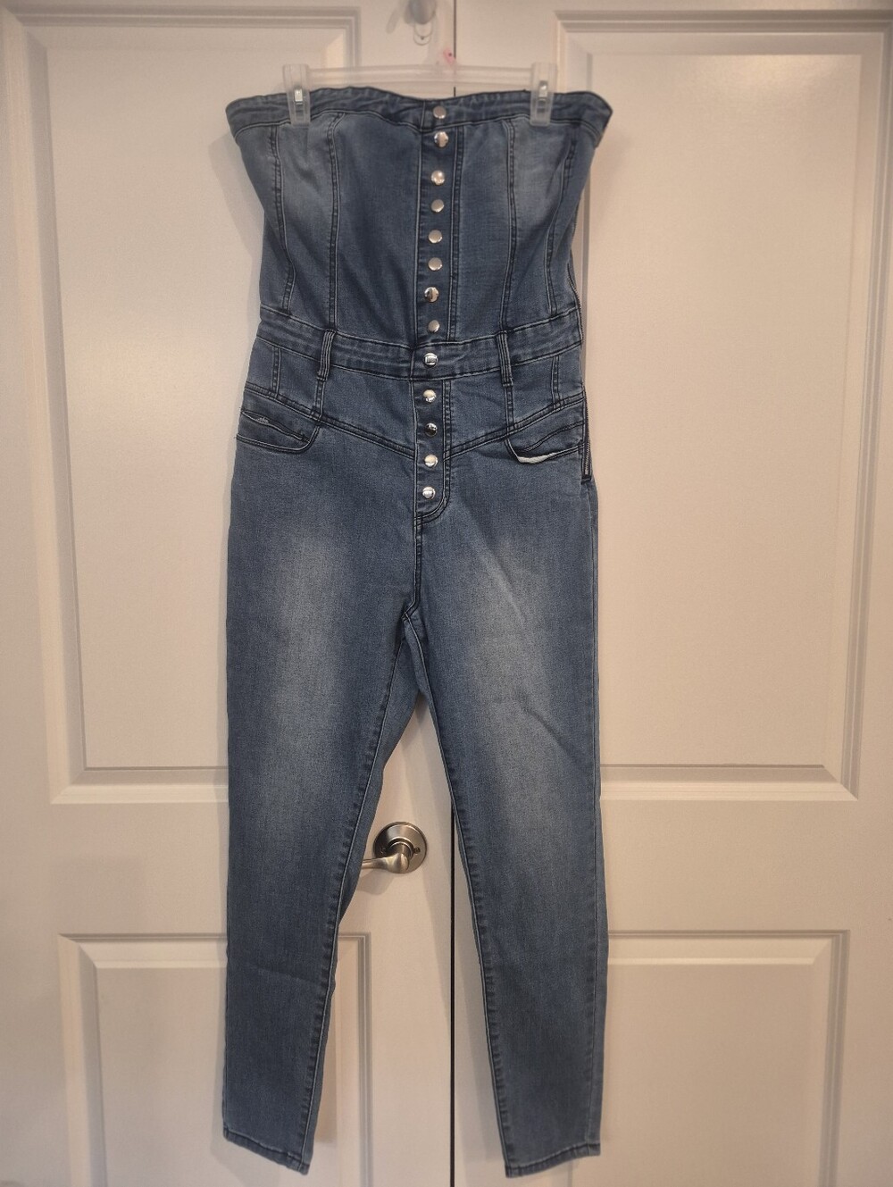 Strapless Button-Front Denim Overalls in Light Blue